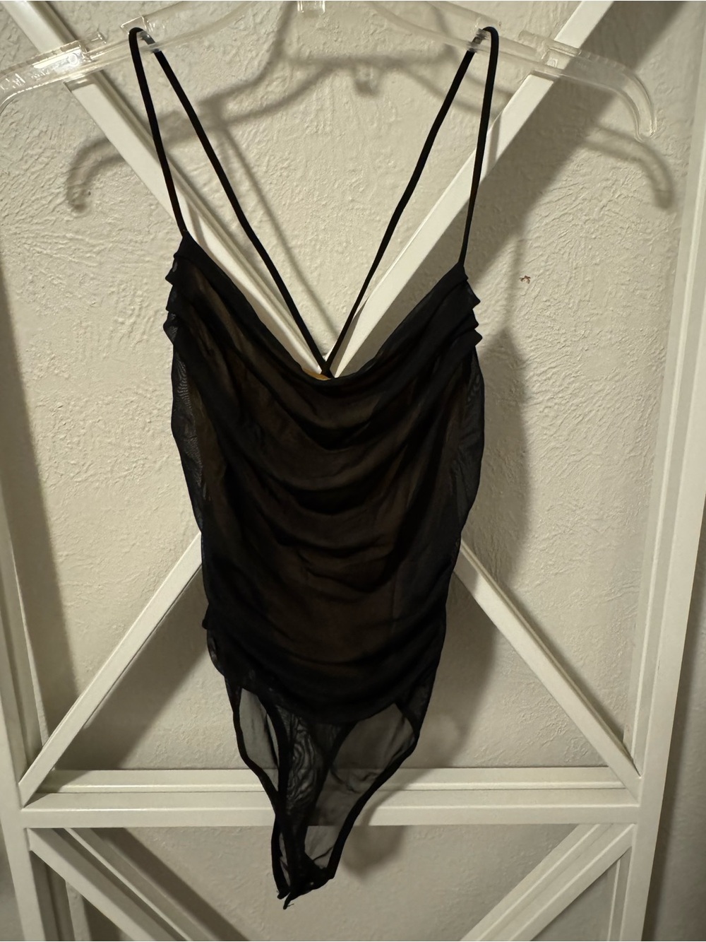 12th Tribe Black Sheer Draped Cowl Neck Bodysuit
